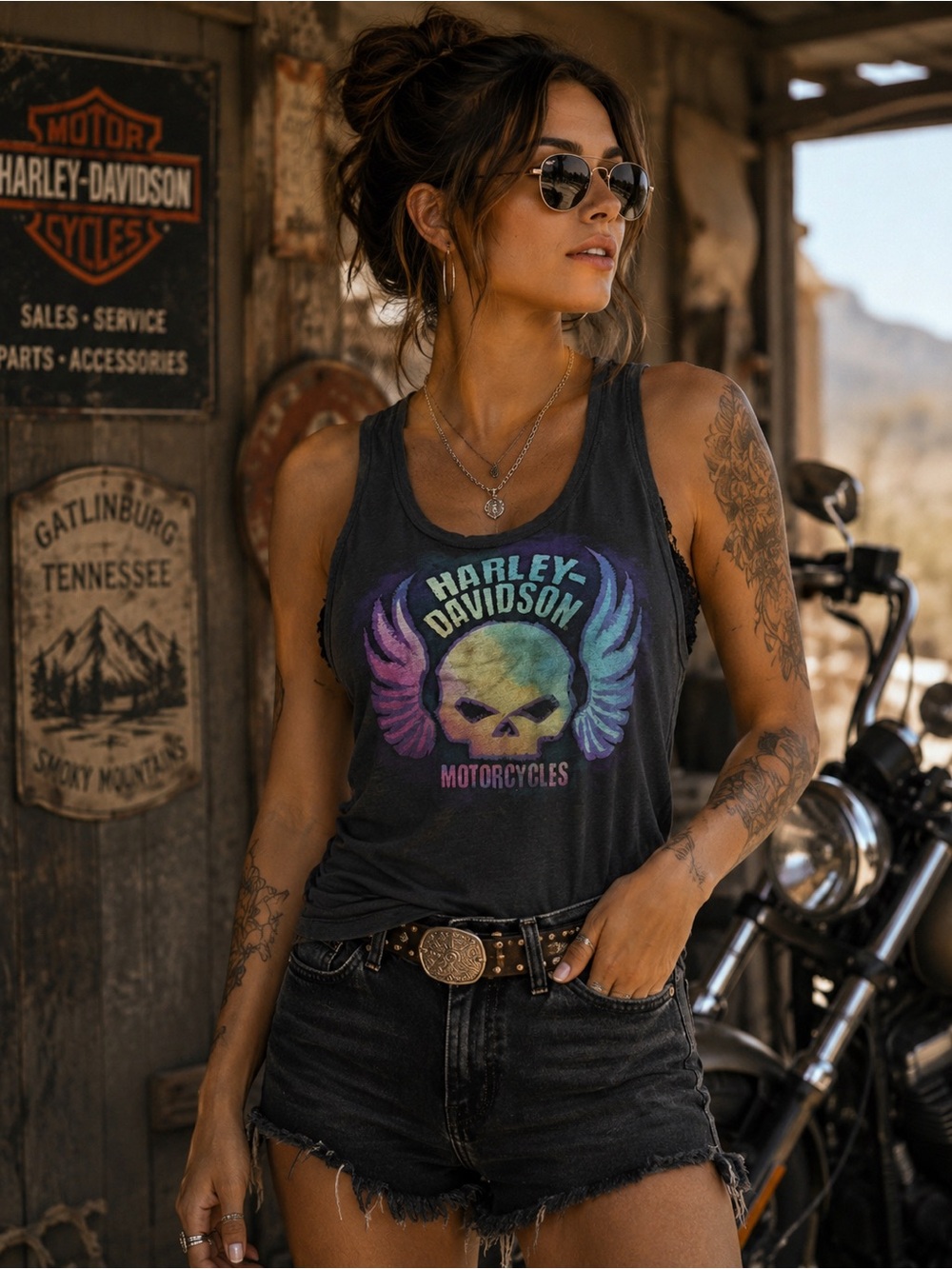 Harley-Davidson Black Tank Top with Multicolor Winged Skull Graphic